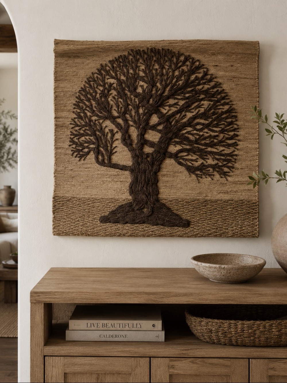 Vintage Jute Tree of Life Handwoven Brown Tree Wall Hanging about 36 x 36 inches